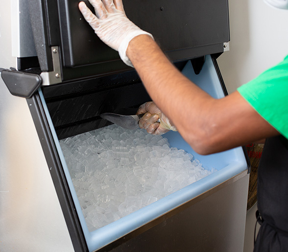 Un cuisinier utilise un outil pour récolter des cubes de glace dans une machine à glace